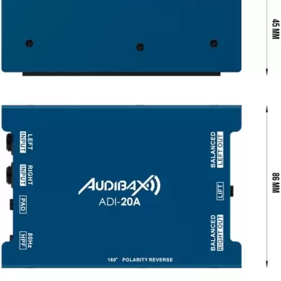 Dispositivo Audibax ADI-20A azul com várias entradas e saídas e texto legível