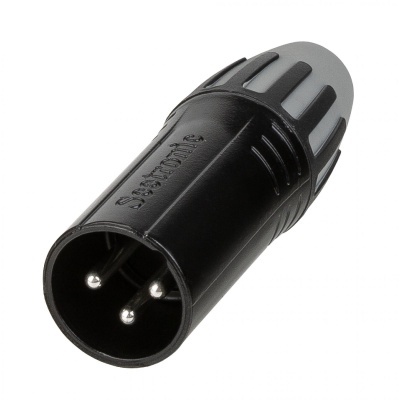 Conector XLR macho preto com três pinos e ponta cinza
