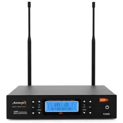 Recetor de áudio Audibax wireless com ecrã azul e duas antenas pretas