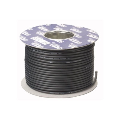 Rolo de cabo elétrico preto com etiqueta azul e branca no topo