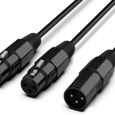 Cabos XLR pretos com conectores macho e fêmea em fundo branco