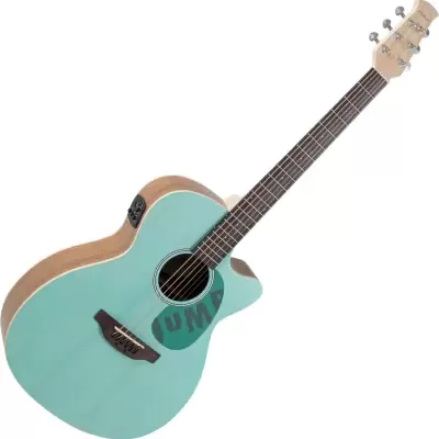 Guitarra acústica recortada verde-água com braço castanho e cabeçote bege