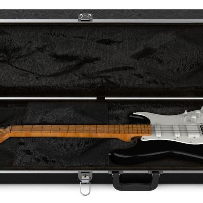 Guitarra elétrica preta num estojo rígido preto acolchoado