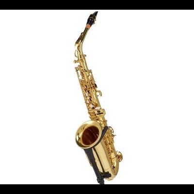 Saxofone tenor dourado em metal com suporte preto e fundo branco