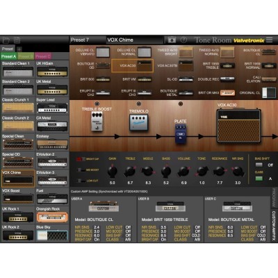 Interface de software de áudio para guitarra com vários controles e predefinições
