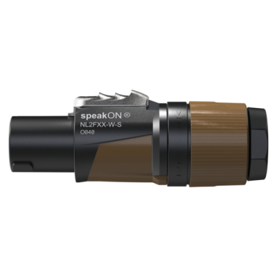 Conector speakON preto e castanho com texto e detalhes metálicos
