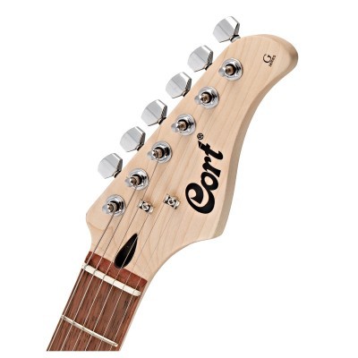 Cabeça de guitarra elétrica de madeira clara com cravelhas cromadas e marca Cort