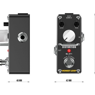 Pedal de guitarra Monkey Loop ML-DT1 preto com botões de controle e medidas indicadas.