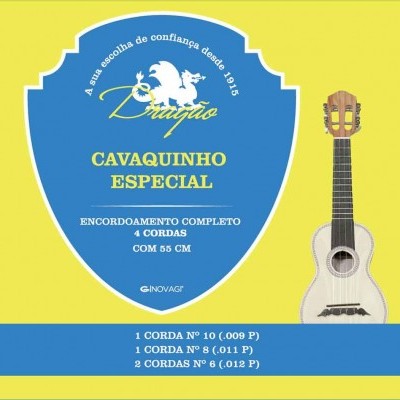 Embalagem de encordoamento para cavaquinho especial Dragão com detalhe do instrumento à direita