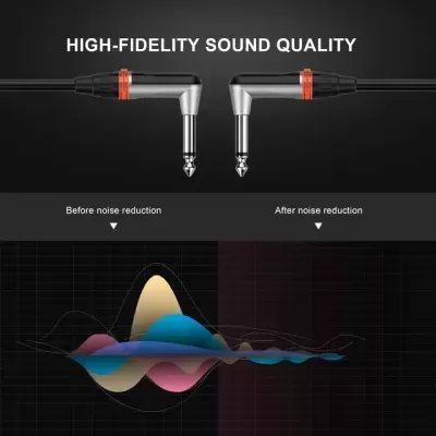 Dois fichas jack metálicas com texto HIGH-FIDELITY SOUND QUALITY e gráfico de redução de ruído