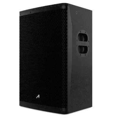 Coluna de som preta com grelha hexagonal e pega lateral