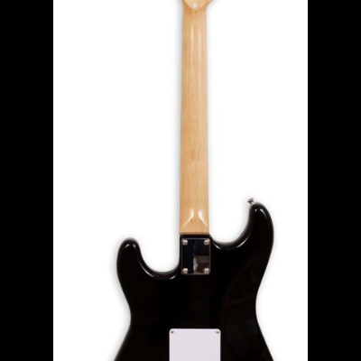 Guitarra elétrica preta com braço de madeira vista de trás