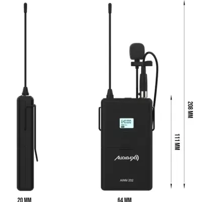 Transmissor de áudio portátil preto AUDIBAX AWM 202 com ecrã digital e antena