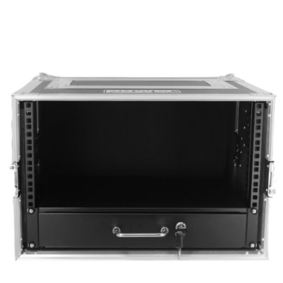 Bastidor para equipamentos eletrónicos preto com estrutura metálica e gaveta com fechadura