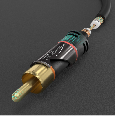Cabo de áudio com conector RCA dourado e selo kabeldirekt pro series