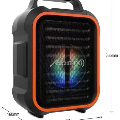 Coluna portátil preta com iluminação colorida e design robusto