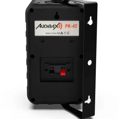 Dispositivo preto Audibax PR-42 com suporte metálico e terminais de conexão