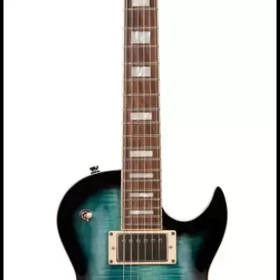 Guitarra elétrica Cort azul com padrão flamejante e botões amarelos