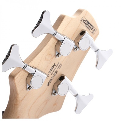 Cabeça de uma guitarra ou baixo em madeira clara com cravelhas cromadas