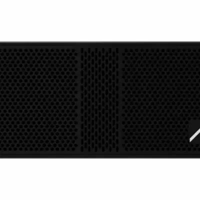 Coluna de som preta com grelha hexagonal e logótipo A