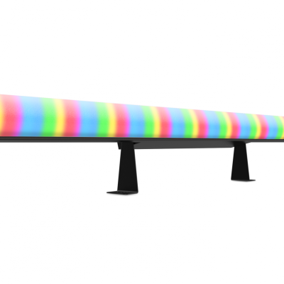 Barra luminosa LED colorida montada em suporte preto