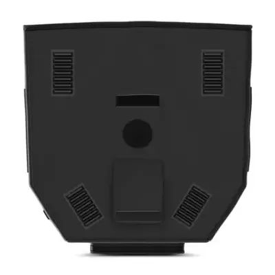 Dispositivo electrónico preto com grelhas de ventilação e botão circular