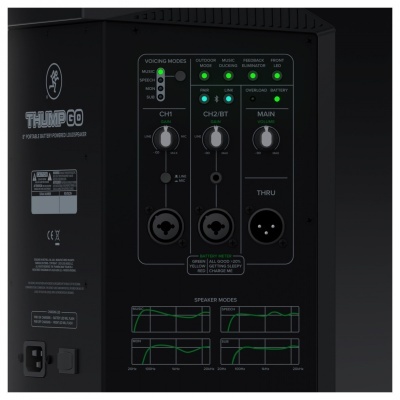 Painel traseiro de colunas THUMP GO com controlos e indicadores LED verdes