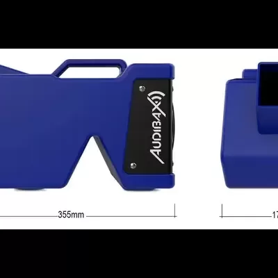 Dispositivo azul com alça e texto AUDIBAX