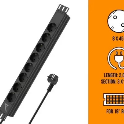 Filtro de linha preto com 8 tomadas para rack 19 e cabo de alimentação