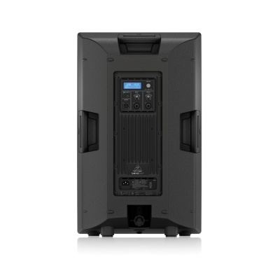 Coluna de som amplificada preta Behringer vista de trás com painel de controlo