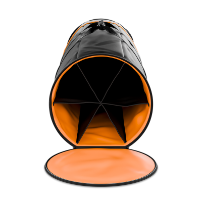 Frasco cilíndrico preto com interior laranja e divisórias internas em forma de estrela