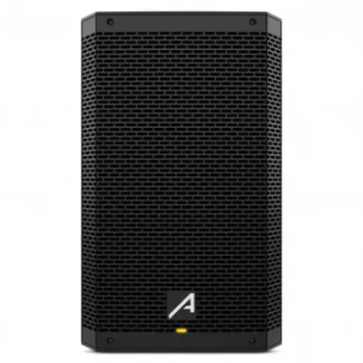 Coluna de som preta com grelha hexagonal e logótipo 'A'