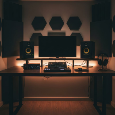 Estação de trabalho de áudio com monitor, altifalantes, equipamento de mixagem e painéis acústicos em ambiente iluminado