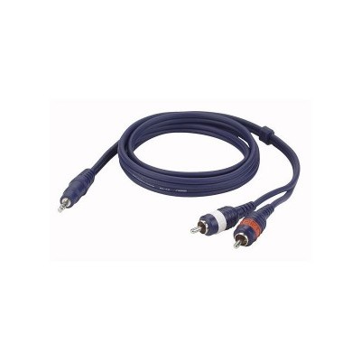Cabo de áudio azul com conectores RCA vermelho e branco e conector 3,5 mm