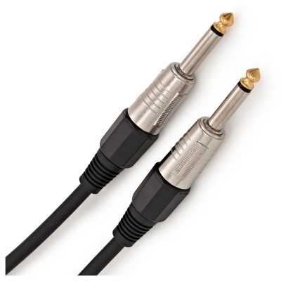 Cabo de áudio jack 6,35 mm com conectores metálicos e ponta dourada.