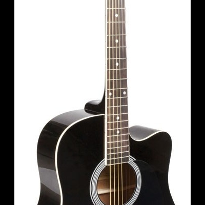 Guitarra acústica preta com detalhes brancos
