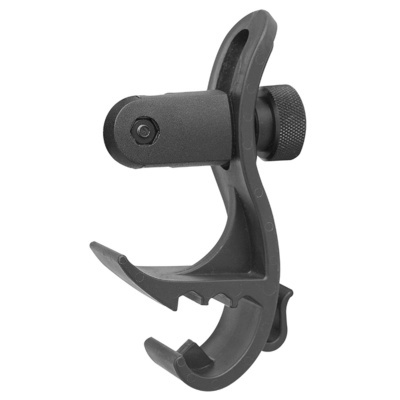 Suporte preto em plástico com parafuso de ajuste sobre fundo branco