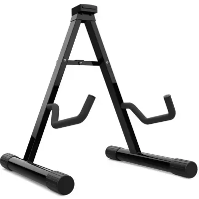Suporte para guitarra em metal preto com apoios almofadados.