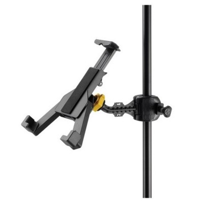 Suporte ajustável para dispositivo em plástico preto com suporte amarelo, fixado numa barra preta vertical.