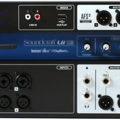 Interface de áudio Soundcraft UI 12 com várias entradas e saídas, botões e indicador wifi iluminado