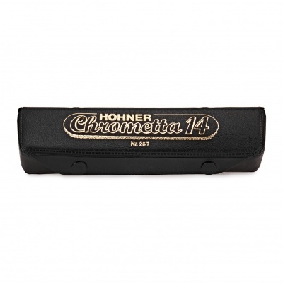 Estojo preto para instrumento musical HOHNER Chrometta 14 com texto bordado creme