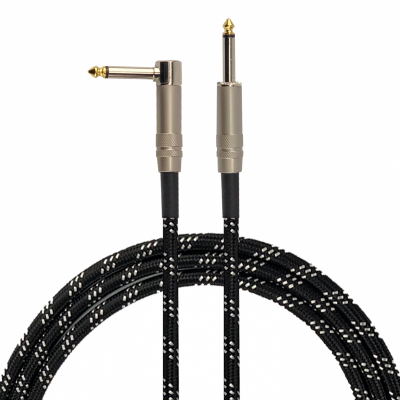 Cabo de áudio preto e branco com conectores dourados, reto e angular.