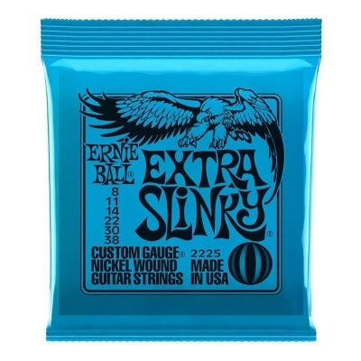 Pacote azul de cordas guitarra Ernie Ball Extra Slinky com texto e águia preta