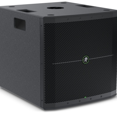 Subwoofer preto com grelha metálica frontal e pegas laterais