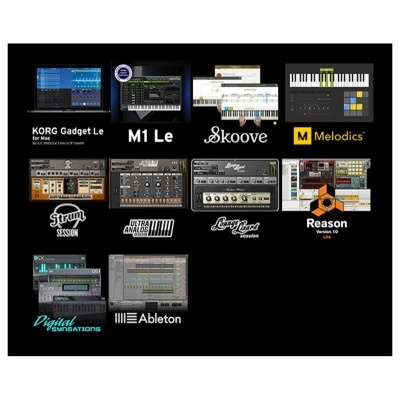 Logos e capturas de ecrã de software de produção musical sobre fundo preto