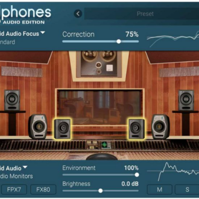 Interface de software de áudio com monitores de estúdio Fluid Audio e controlo de correção