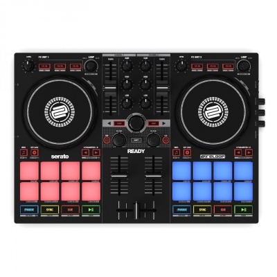 Controlador DJ preto com pads iluminados e botões