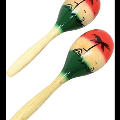 Par de maracas em madeira pintadas com desenhos de palmeiras e rostos sorridentes