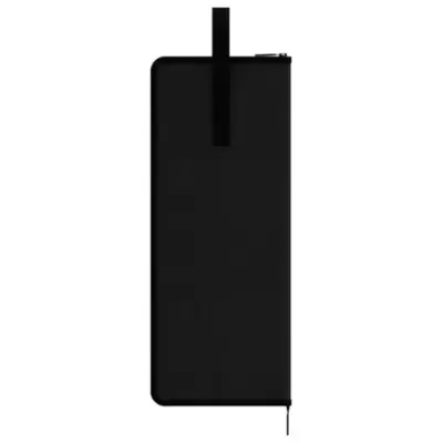 Estojo preto retangular com fecho de correr e alça de transporte em fundo branco