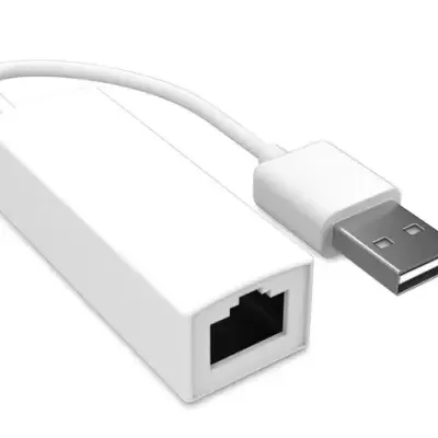 Adaptador USB branco com conector RJ45 para rede